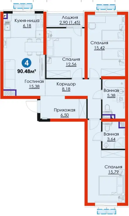 4 xonali kvartira sotiladi − 90.5 m²