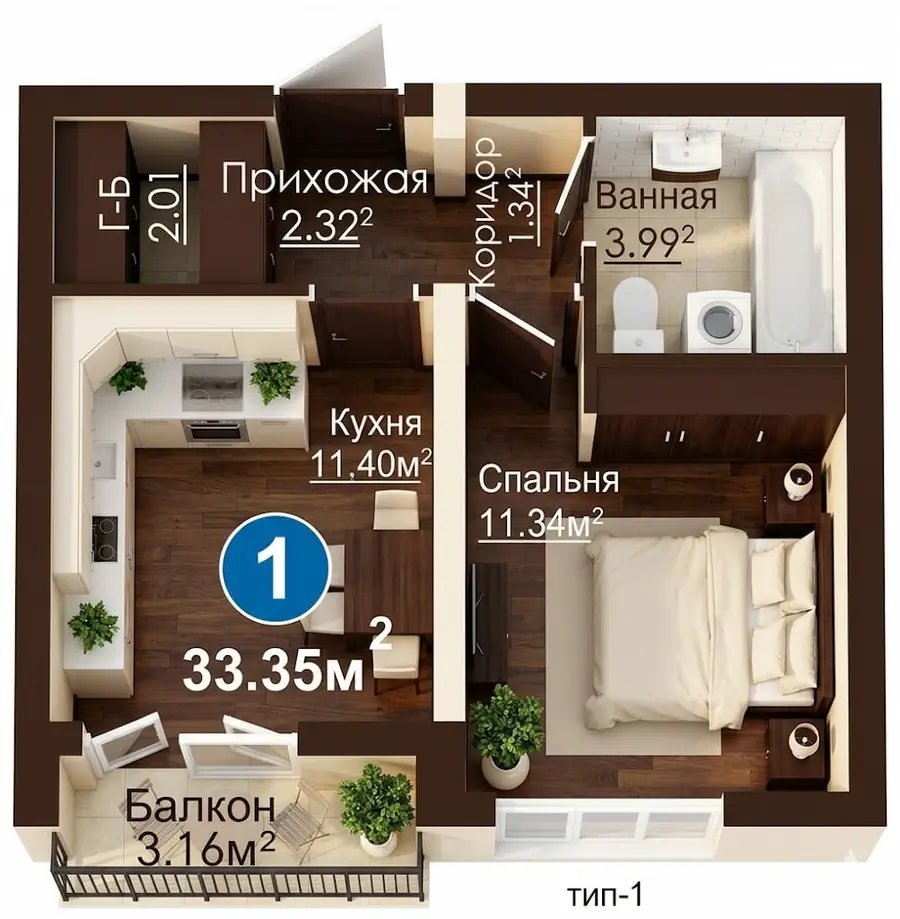 1 xonali kvartira sotiladi − 33.4 m²