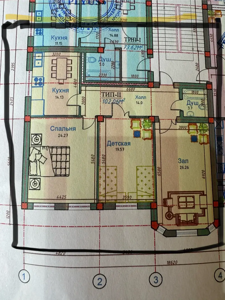 3 xonali kvartira sotiladi − 102 m²