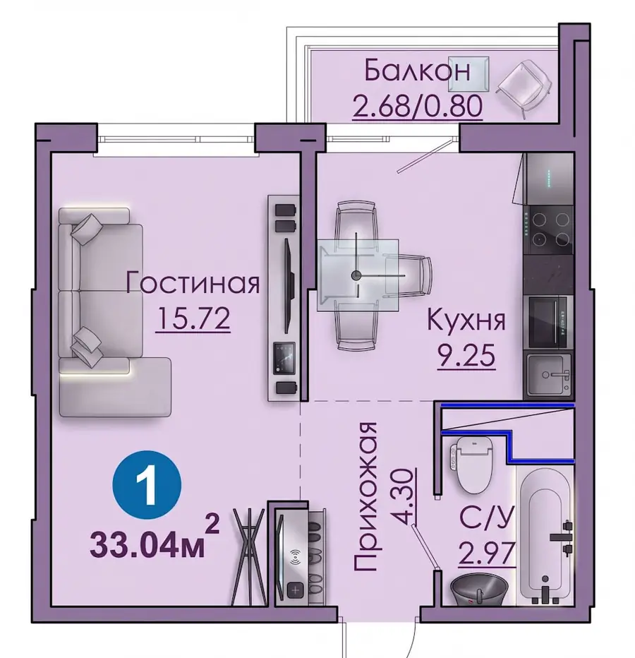 Продается 1-комнатная квартира − 33 м²