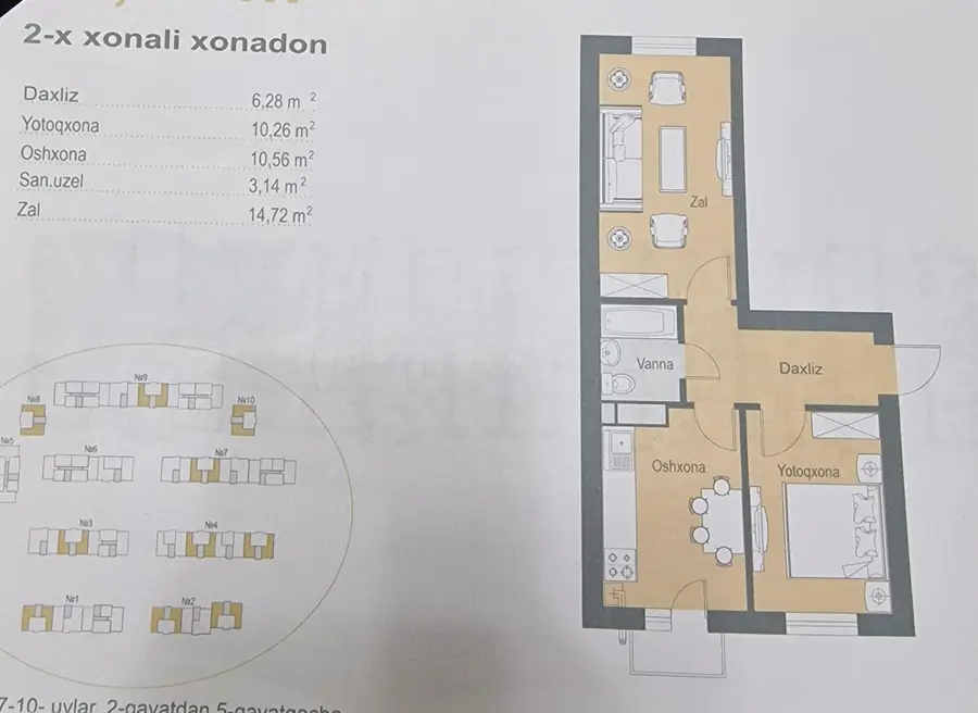 2 xonali kvartira sotiladi − 48 m²