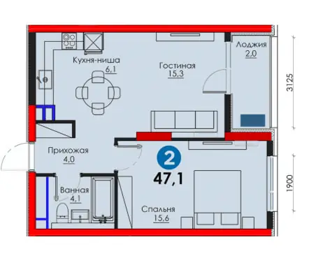 2 xonali kvartira sotiladi − 47.1 m²