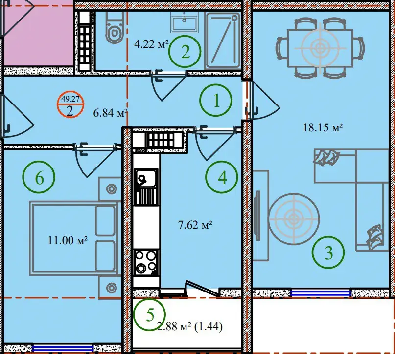 Продается 2-комнатная квартира − 49.3 м²