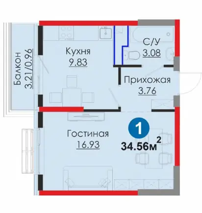 1 xonali kvartira sotiladi − 34.6 m²